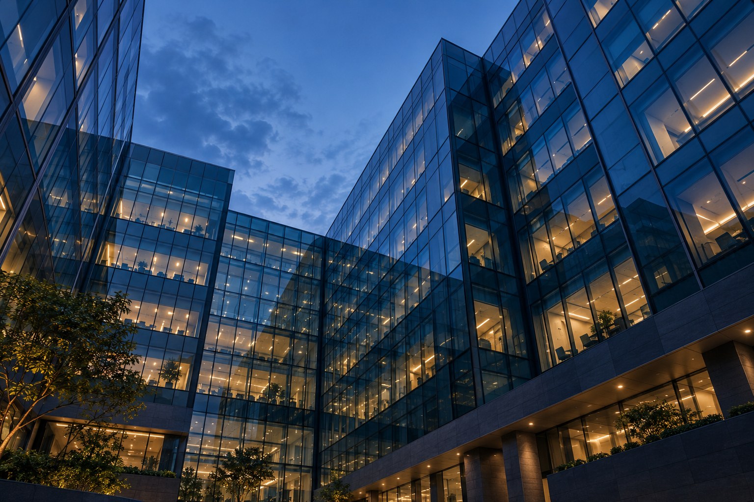 Architectural illustration of a contemporary glass office building